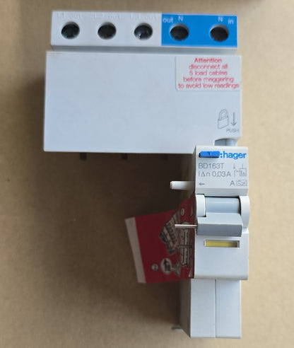 Hager BD163T RCD Add-On Block 3P 63A 30mA Type A 1 Module (Spares Stock)