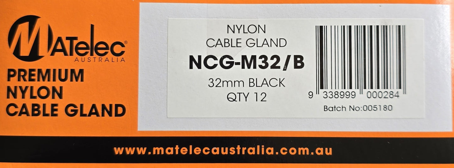 Matelec NCG-M32/B [Box 12] Nylon Cable Gland 32mm Black IP68 (NEW In Box)
