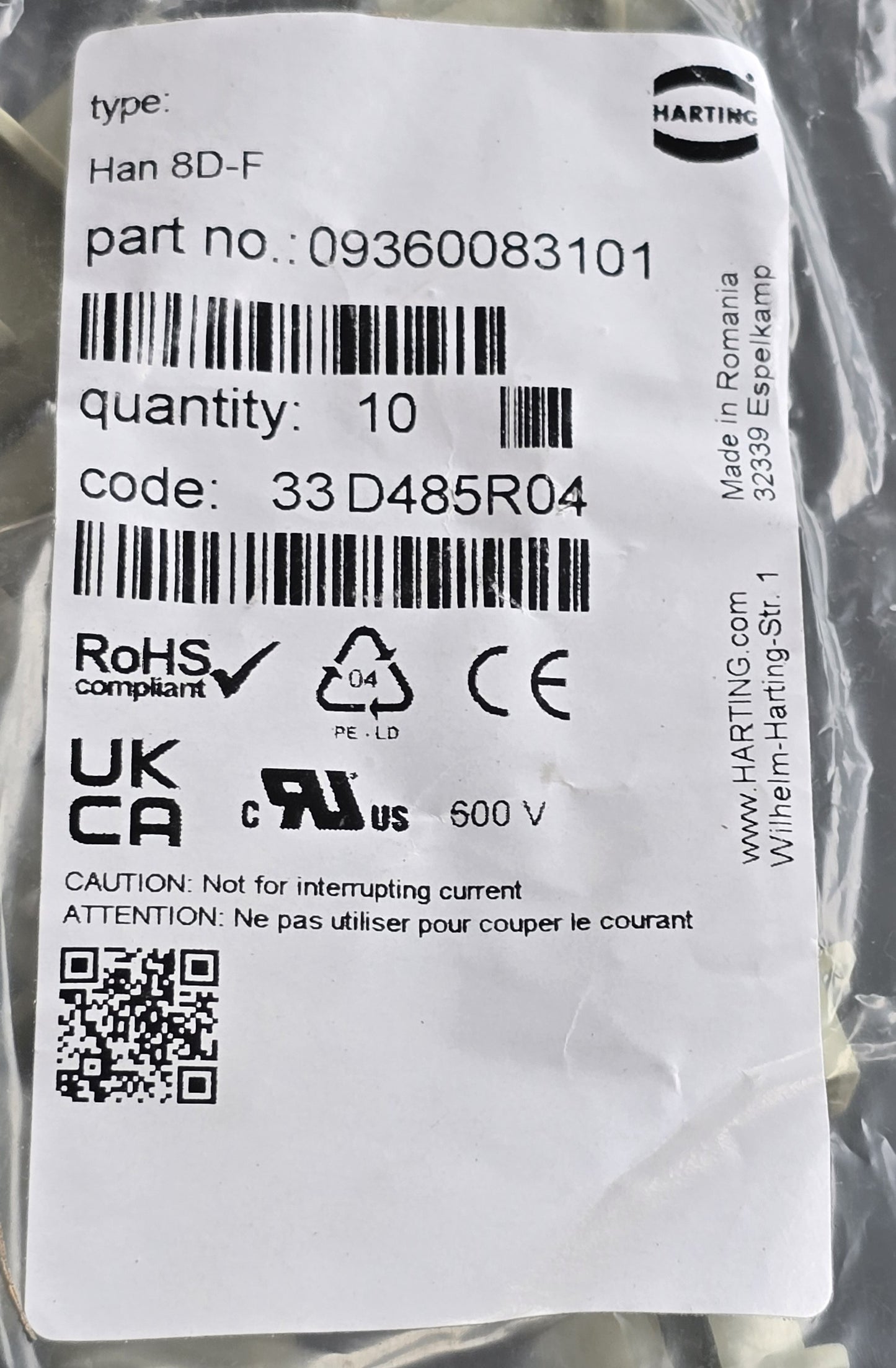 Harting 09360083101 [Pack 10] Han 8D Female Crimp 8 Pole Connector (NEW Sealed)