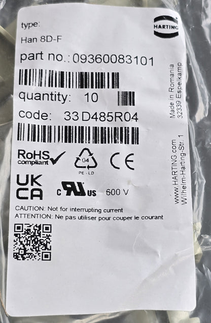 Harting 09360083101 [Pack 10] Han 8D Female Crimp 8 Pole Connector (NEW Sealed)