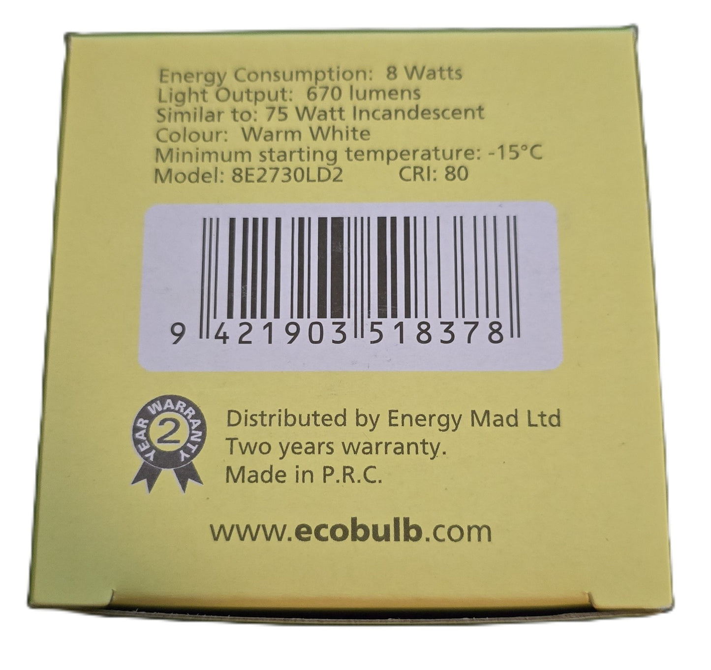Ecobulb 8E2730LD2 [2 Pack] 8W LED E27 Dimmable Warm White Light Bulb 3000K (NEW)
