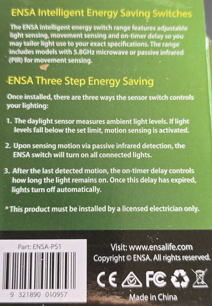 ENSA ENSA-PS1 Intelligent PIR Sensor Switch 240V IP65 12m Motion Detector