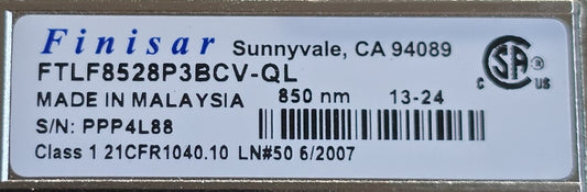 Finisar FTLF8528P3BCV-QL 8G Fibre Channel SFP+ SW 850nm Transceiver (New)