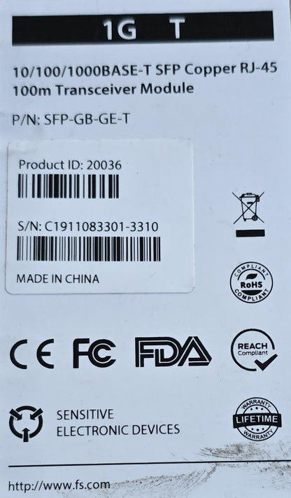 FS SFP-GB-GE-T 1000BASE-T 1G Copper RJ-45 100m SFP Transceiver (New)