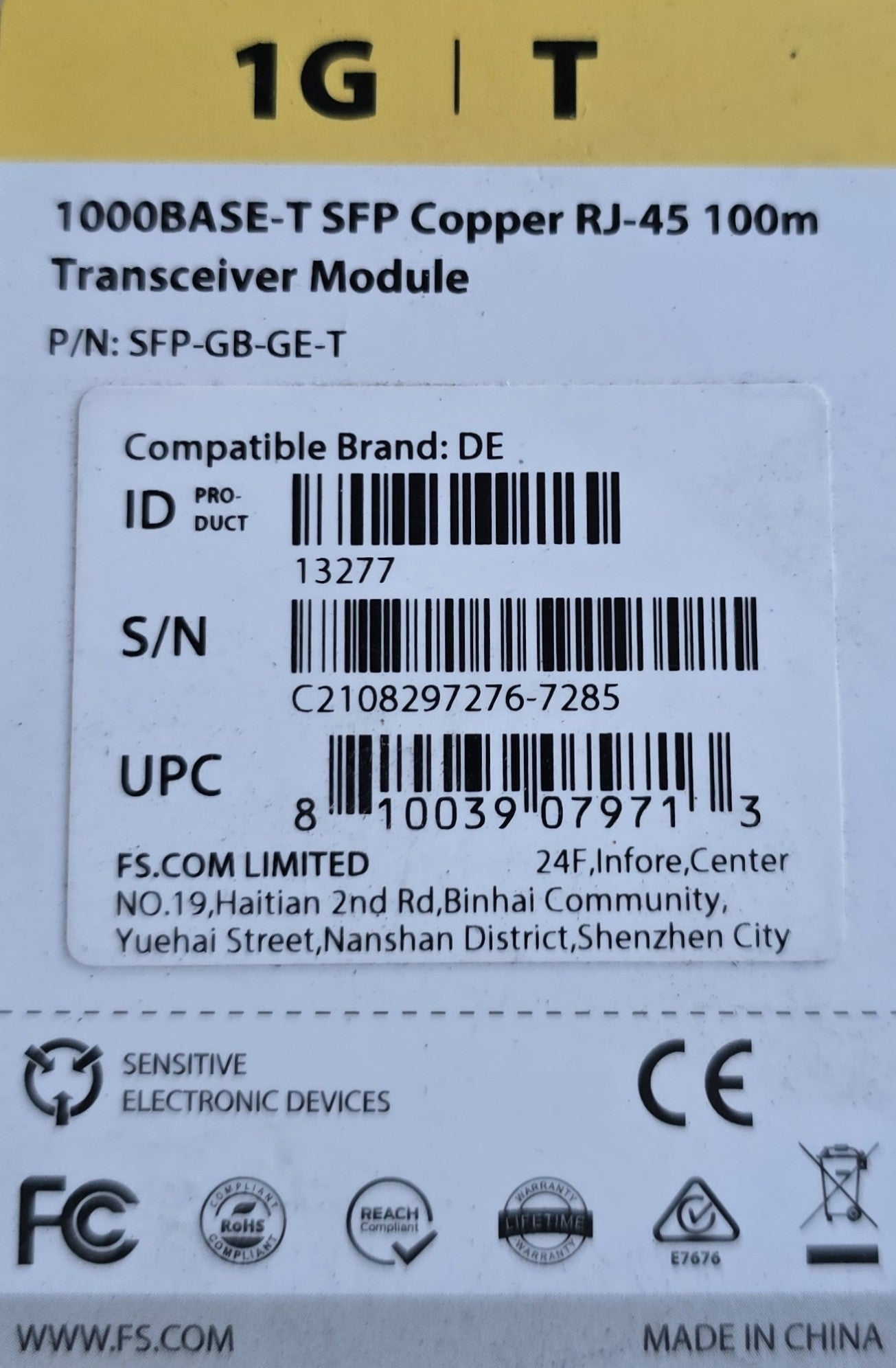 FS SFP-GB-GE-T 1000BASE-T 1G Copper RJ-45 100m SFP Transceiver (New)