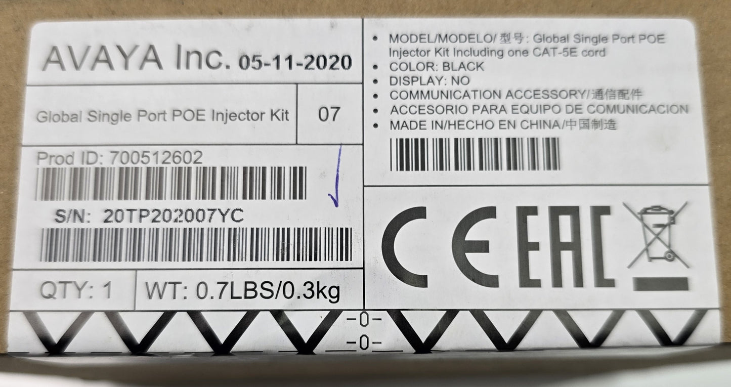 Avaya 700512602 GSPPOE Global Single-Port PoE Injector (NEW Sealed)