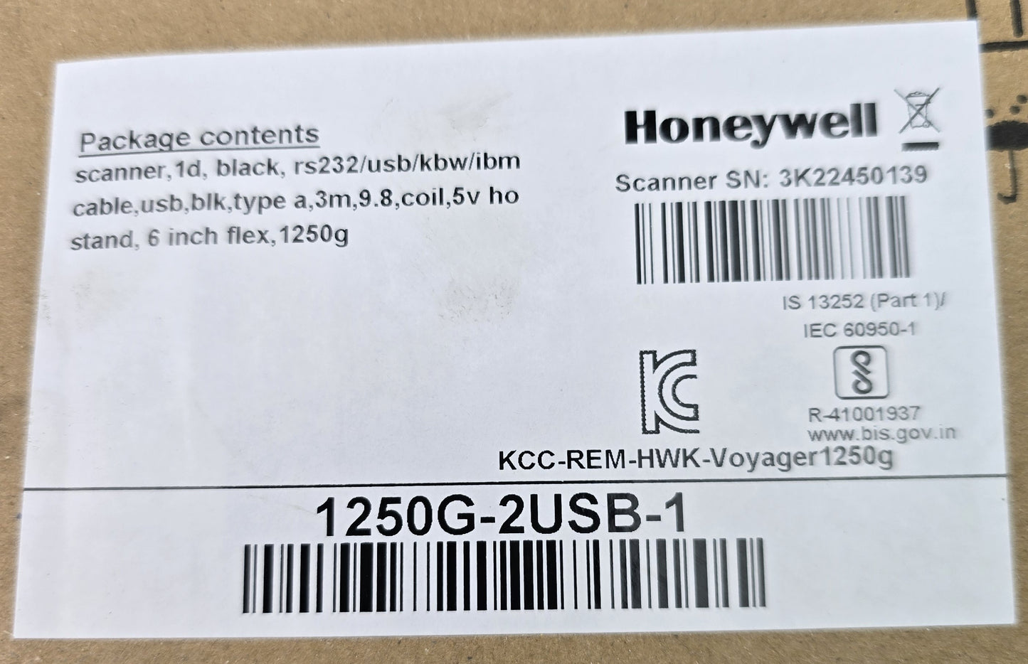 Honeywell 1250G-2USB-1 1250g 1D Laser Barcode Scanner USB Kit (New Opened)