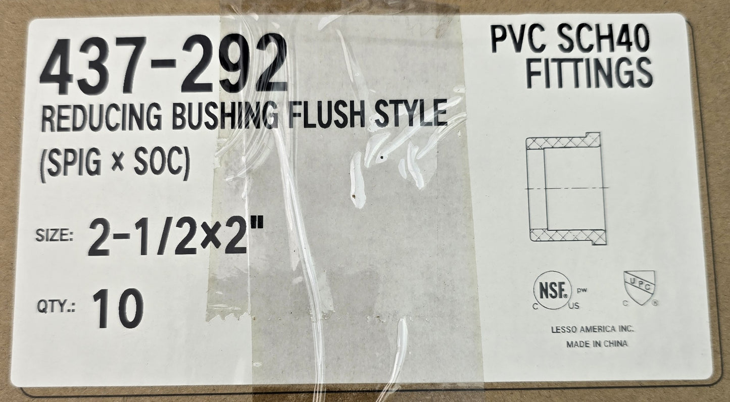 Lesso 437-292 [10 pack] PVC SCH40 Reducing Bushing 2-1/2" x 2" Spig x Soc (NEW)