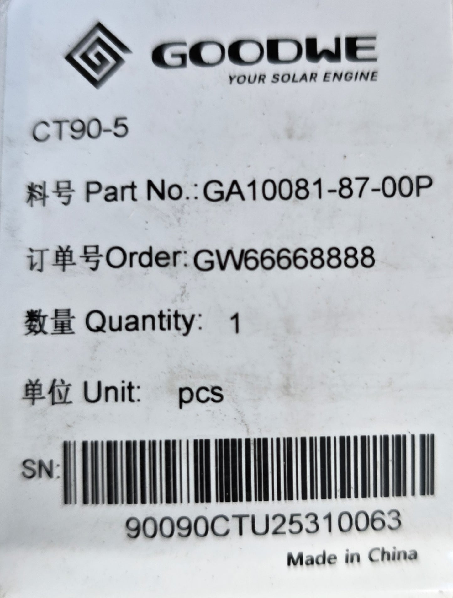 GoodWe GA10081-87-00P CT90-5 90A Current Transformer 5m Cable (NEW Sealed)