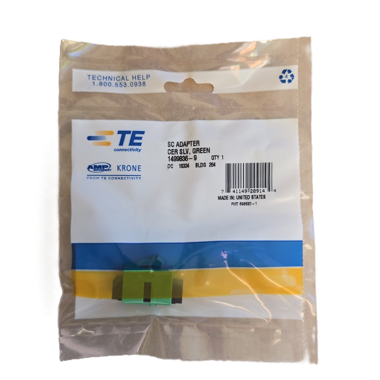 TE-Connectivity 1499836-9 [Pack 5] AMP SC Fibre Optic Adapter Ceramic Green (NEW)