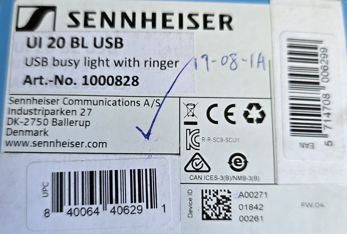 Sennheiser 1000828 UI 20 BL USB Busy Light with Ringer (NEW Sealed)
