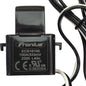 A black Fronius ECS16100 electrical charger module with printed specifications and certification logos, shown with attached cables on a light surface.