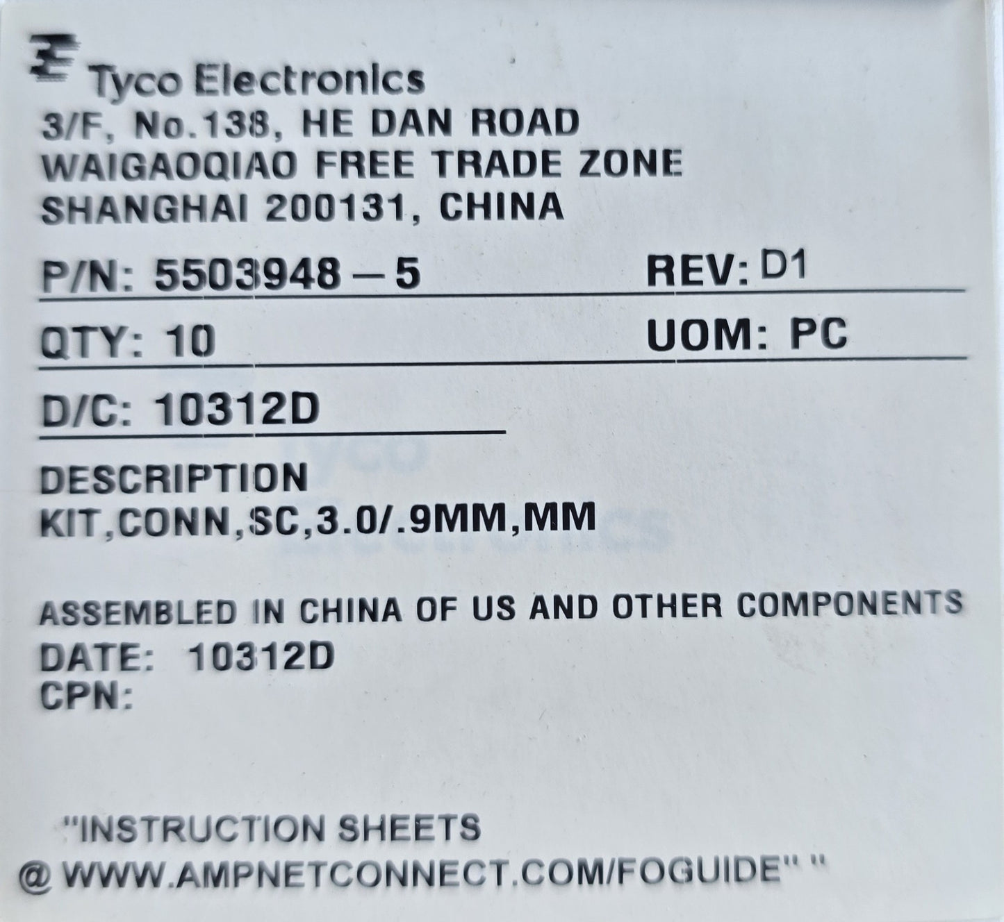 TE-Connectivity 5503948-5 SC [10 Pack] Multimode Fibre Optic Connector Kit (New)
