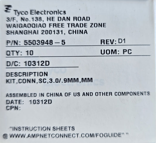TE-Connectivity 5503948-5 SC [10 Pack] Multimode Fibre Optic Connector Kit (New)