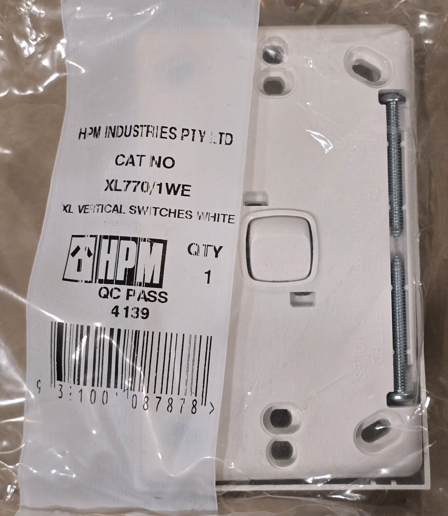 HPM XL770/1WE Excel 1 Gang Vertical Light Switch 10A 240V White (NEW Sealed)