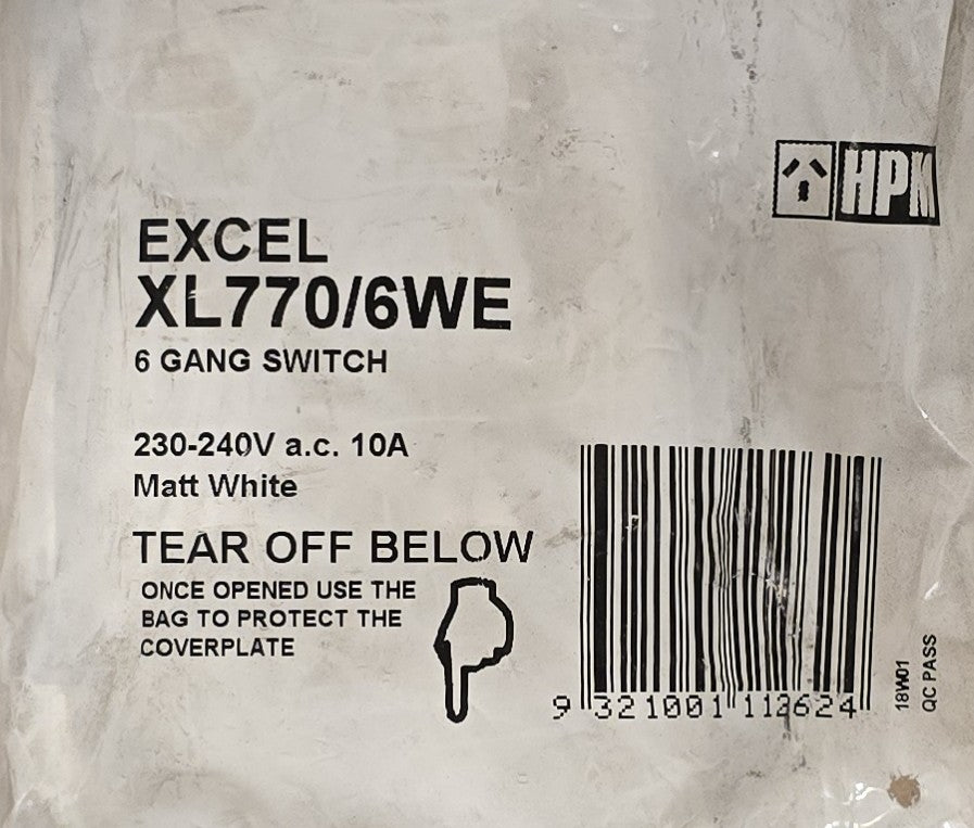 HPM XL770/6WE Excel 6 Gang Vertical Light Switch 10A 240V White (NEW Sealed)