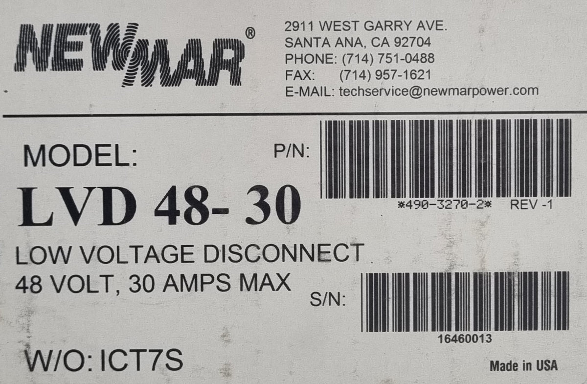 Newmar LVD 48-30 Low Voltage Disconnect 48V DC 30A Positive Ground (NEW In Box)