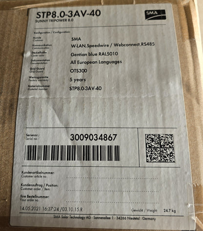 SMA STP8.0-3AV-40 Sunny Tripower 8.0 8kW 3 Phase Solar Inverter (NEW In Box)