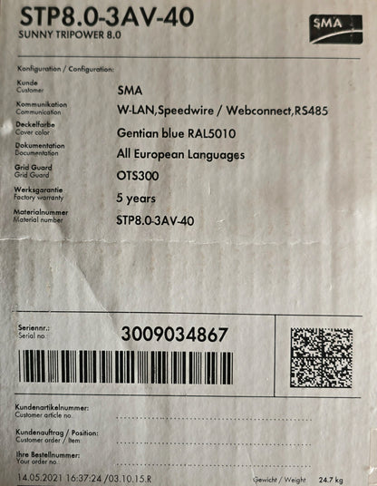 SMA STP8.0-3AV-40 Sunny Tripower 8.0 8kW 3 Phase Solar Inverter (NEW In Box)