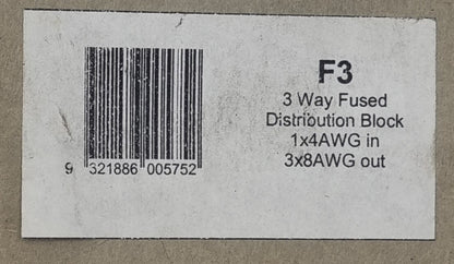 Megavox F3 3 Way Fused Distribution Block 1x 4 AWG In 3x 8 AWG Out (NEW In Box)