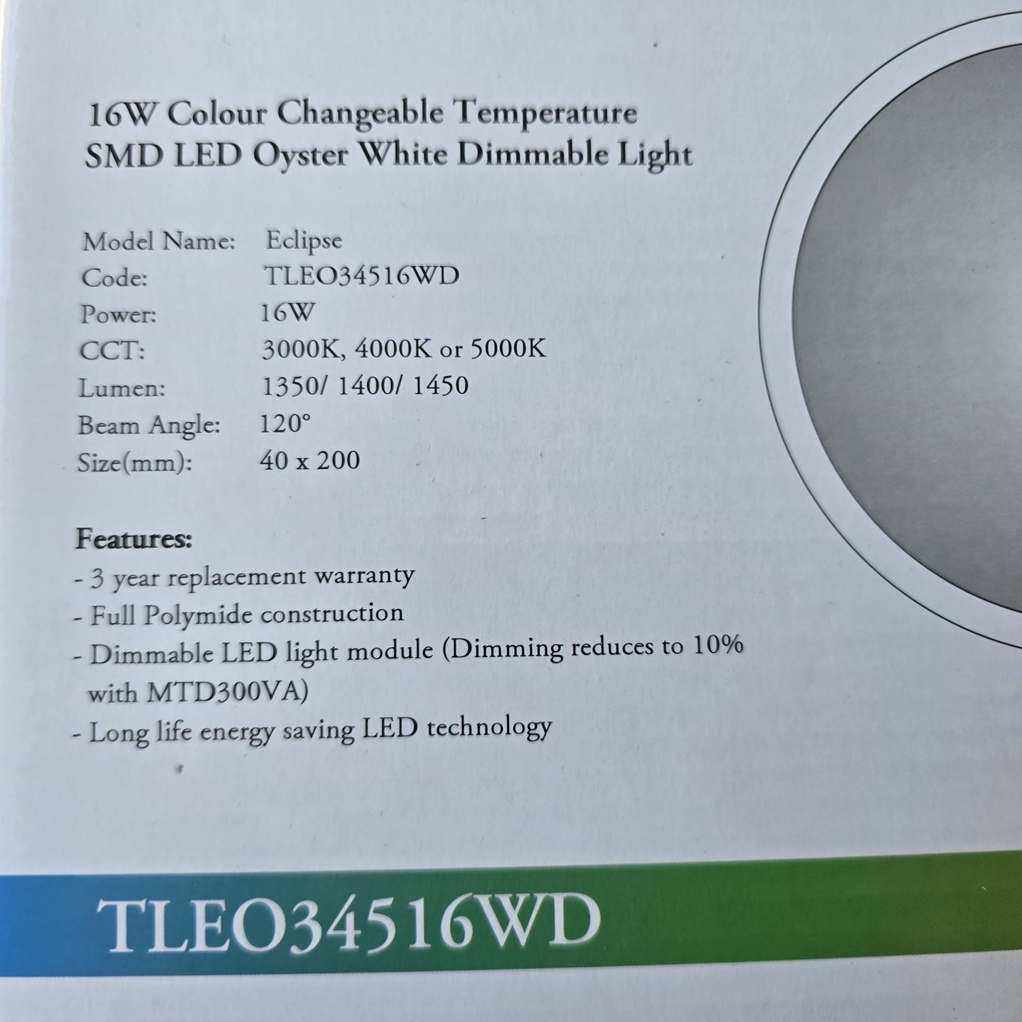 Tradetec TLEO34516WD Eclipse 16W CCT LED Oyster Light Dimmable (NEW In Box)