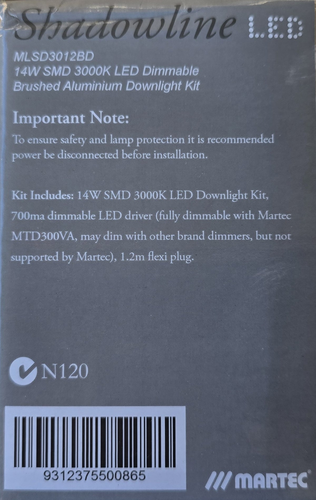 Martec MLSD3012BD Shadowline 14W LED Dimmable Downlight Kit Brushed (NEW In Box)