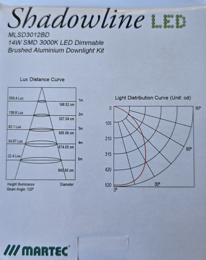 Martec MLSD3012BD Shadowline 14W LED Dimmable Downlight Kit Brushed (NEW In Box)