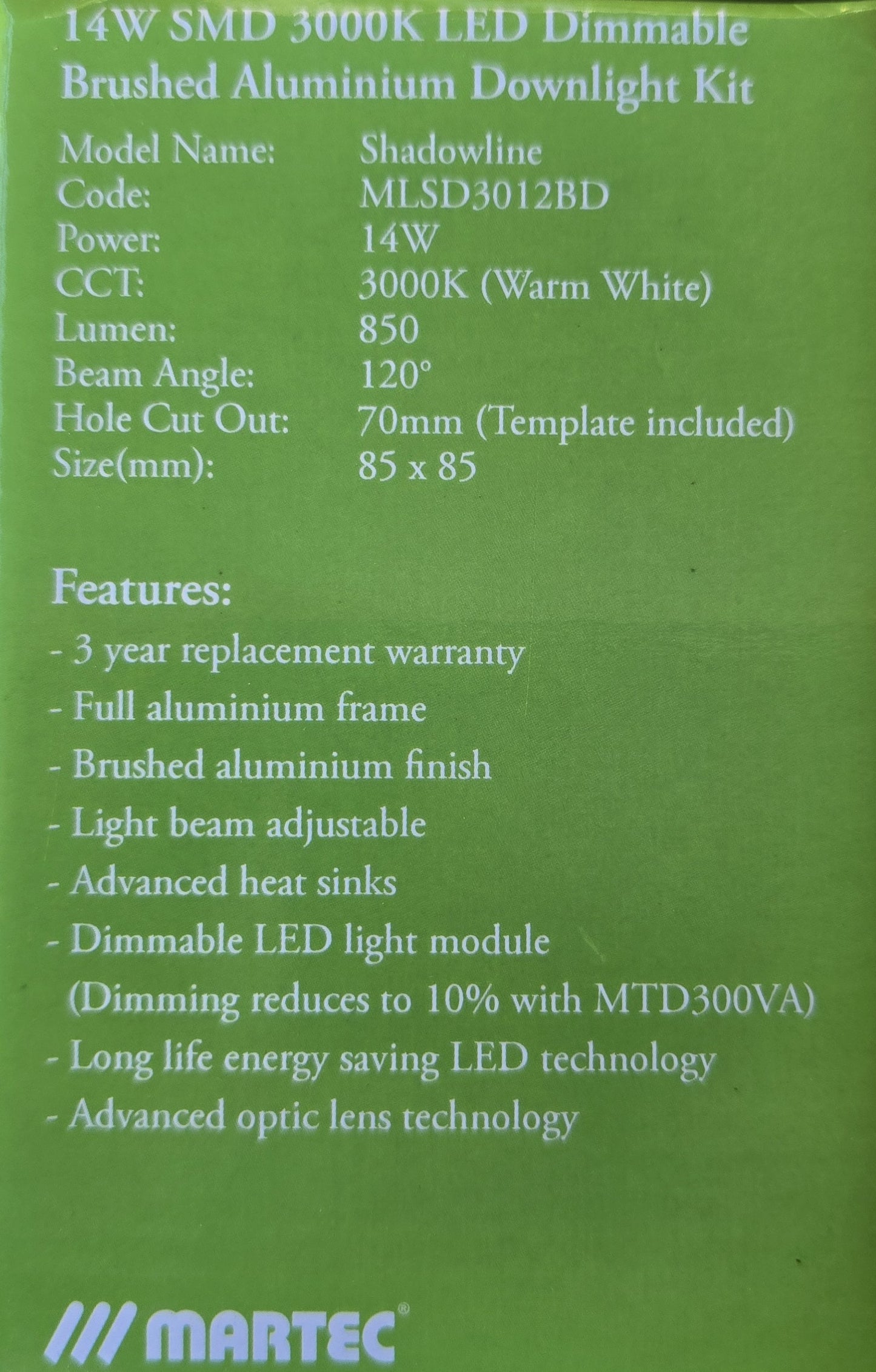 Martec MLSD3012BD Shadowline 14W LED Dimmable Downlight Kit Brushed (NEW In Box)