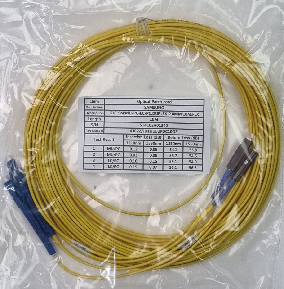 Samsung JU1UULUFDC10OP Single Mode MU/PC-LC/PC Duplex Fibre Patch Cord 10m (New)