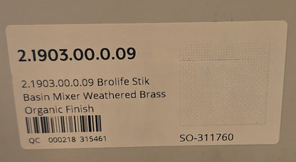 Brodware 2.1903.00.0.09 Brolife Stik Basin Mixer Weathered Brass (New Opened)