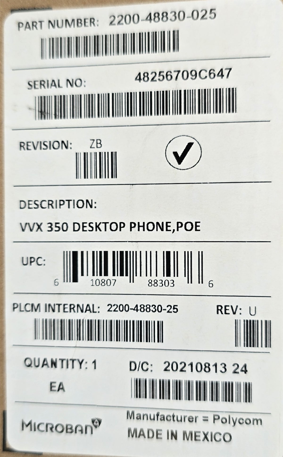 Polycom VVX 350 2200-48830-025 6-Line PoE Business IP Phone (New Opened)
