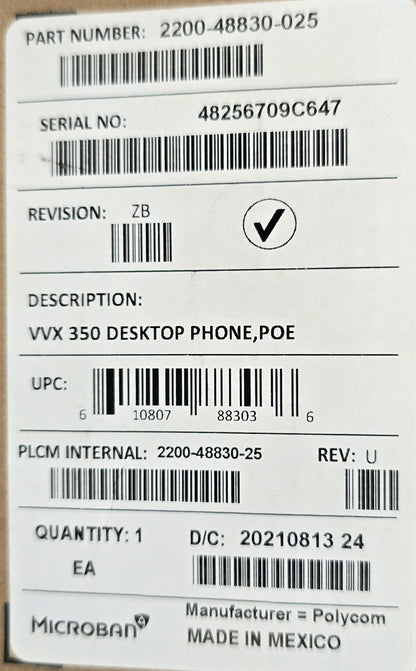 Polycom VVX 350 2200-48830-025 6-Line PoE Business IP Phone (New Opened)
