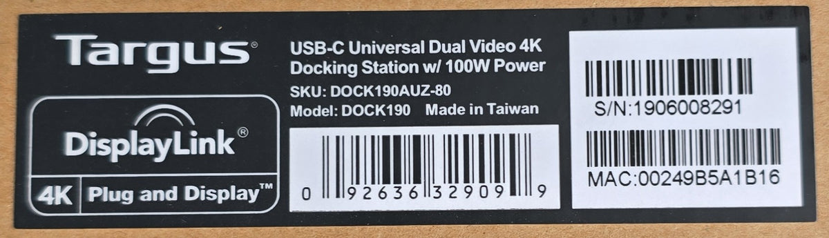 Targus DOCK190AUZ-80 USB-C Dual 4K Docking Station 100W Power (New Opened)