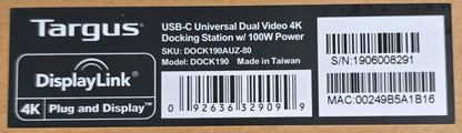 Targus DOCK190AUZ-80 USB-C Dual 4K Docking Station 100W Power (New Opened)