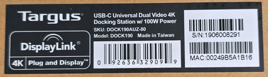 Targus DOCK190AUZ-80 USB-C Dual 4K Docking Station 100W Power (New Opened)