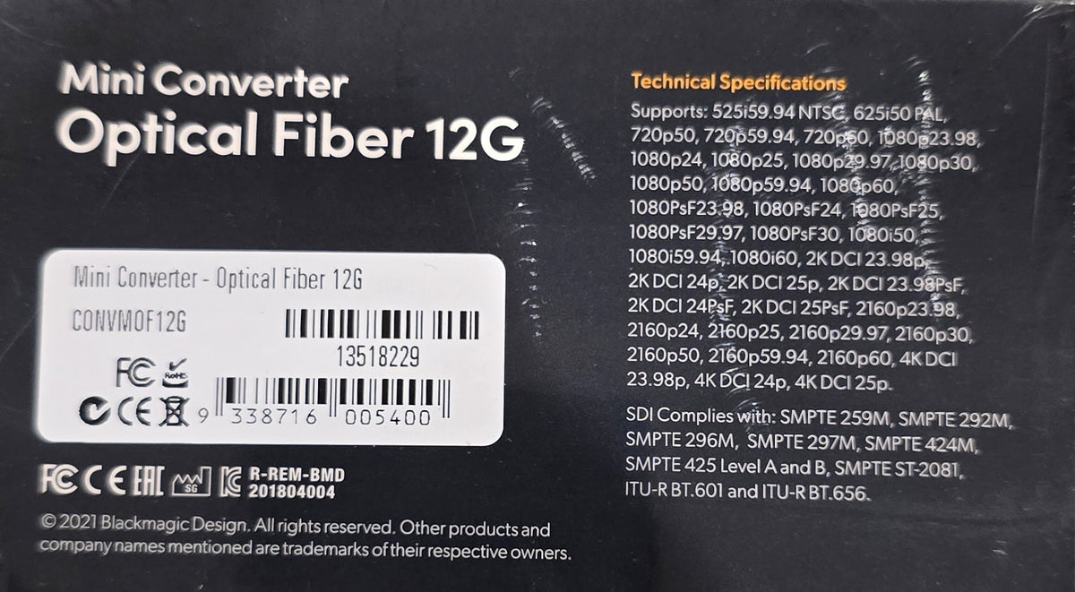 Blackmagic Design CONVMOF12G Mini Converter Optical Fiber 12G-SDI (New Sealed)