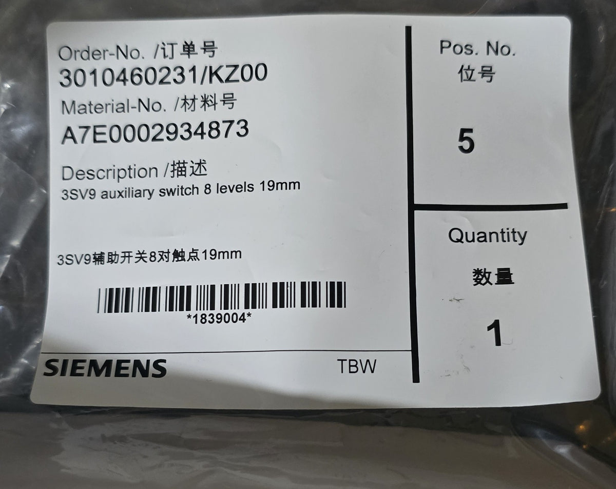 Siemens A7E0002934873 3SV9 Auxiliary Switch 8 Level 19mm (New Sealed)