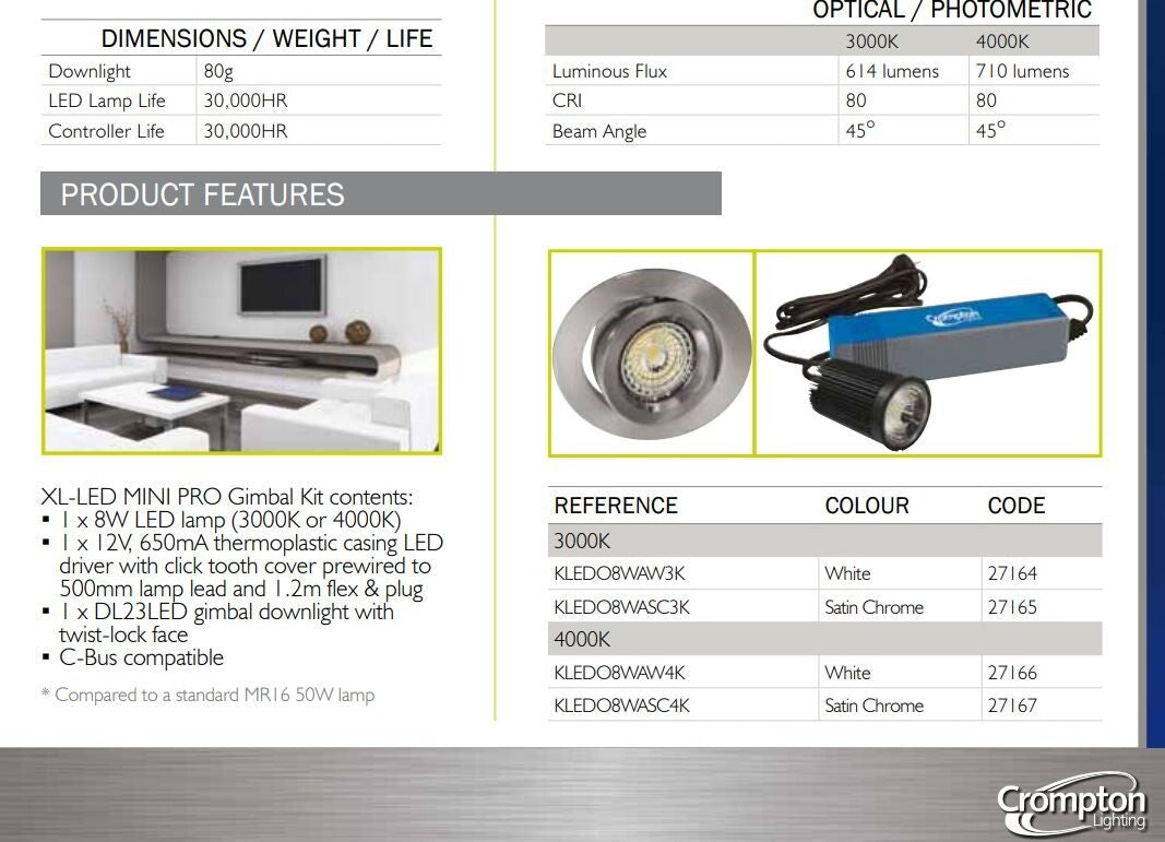 Crompton XL-LED MINI PRO LED Gimbal Downlight Kit 3000K dimmable