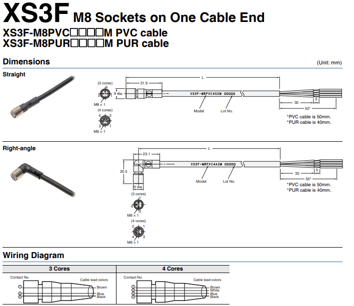 Omron XS3F-M8PVC3S10M Sensor cable, M8 straight socket (F), 3P, PVC, IP67, 10 m