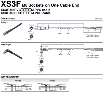Omron XS3F-M8PVC3S10M Sensor cable, M8 straight socket (F), 3P, PVC, IP67, 10 m