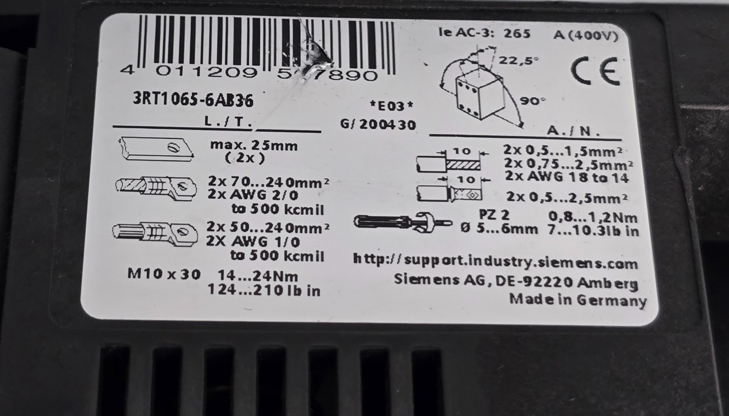 Siemens 3RT1065-6AB36 Sirius 3Pole Motor Contactor & 3RH1921-1DA11 (USED)