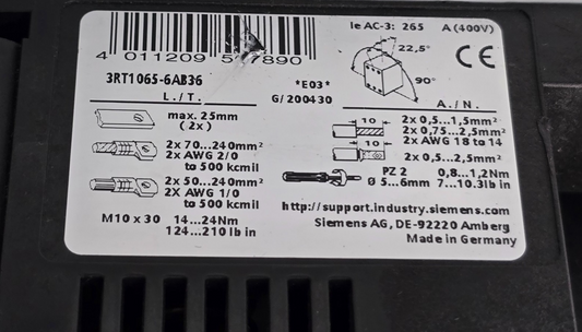 Siemens 3RT1065-6AB36 Sirius 3Pole Motor Contactor & 3RH1921-1DA11 (USED)
