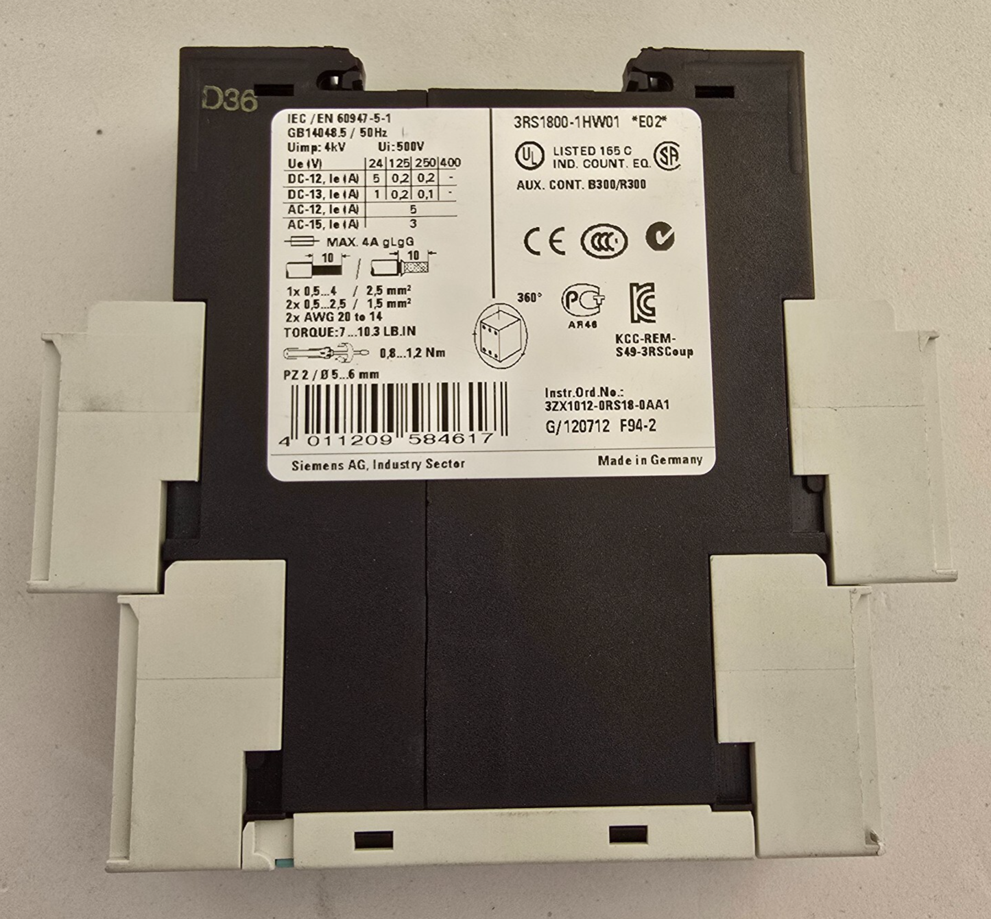 Siemens 3RS1800-1HW01 coupling relay 24V-240V AC/DC contacts screw (USED)