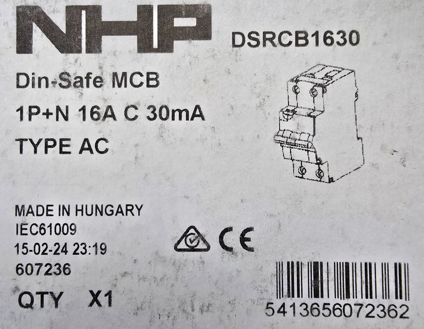 NHP Terasaki DSRCB1630 DIN-T RCD w/ Overcurrent 10kA 16A 1+N C Curve 30mA TypeA