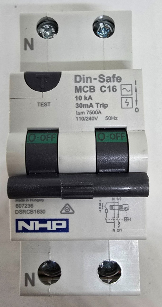 NHP Terasaki DSRCB1630 DIN-T RCD w/ Overcurrent 10kA 16A 1+N C Curve 30mA TypeA
