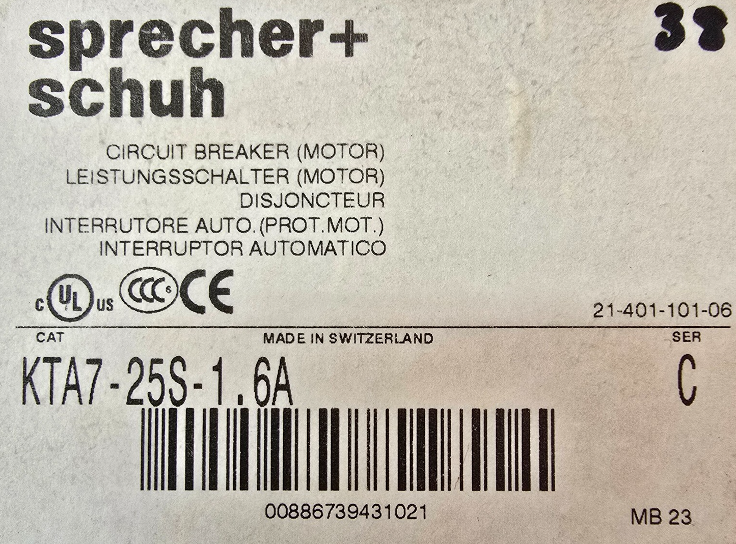 Sprecher+Schuh KTA7-25S-1.6A KT7 Motor Protection Circuit Breaker 1-1.6A (NEW)