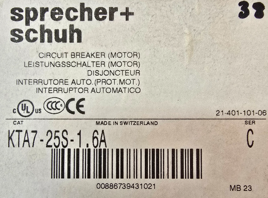 Sprecher+Schuh KTA7-25S-1.6A KT7 Motor Protection Circuit Breaker 1-1.6A (NEW)