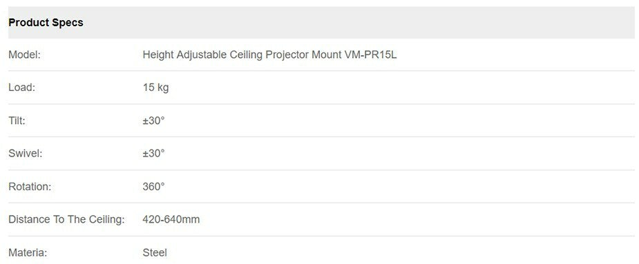 VisionMounts VM-PR15L Ceiling Projector Mounts (420-640mm) - White