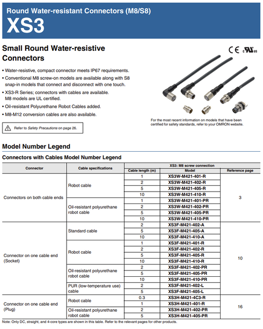 Omron XS3F-M321-305-R Sensor cable, M8 (F), 3P, PVC robot, IP67, 5m 5PCS