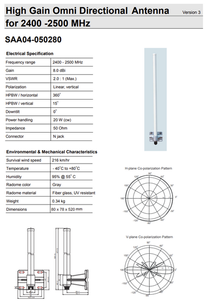 Smartant SAA04-050280 8dBi High Gain Omni Directional Antenna 2400-2500MHz (NEW)